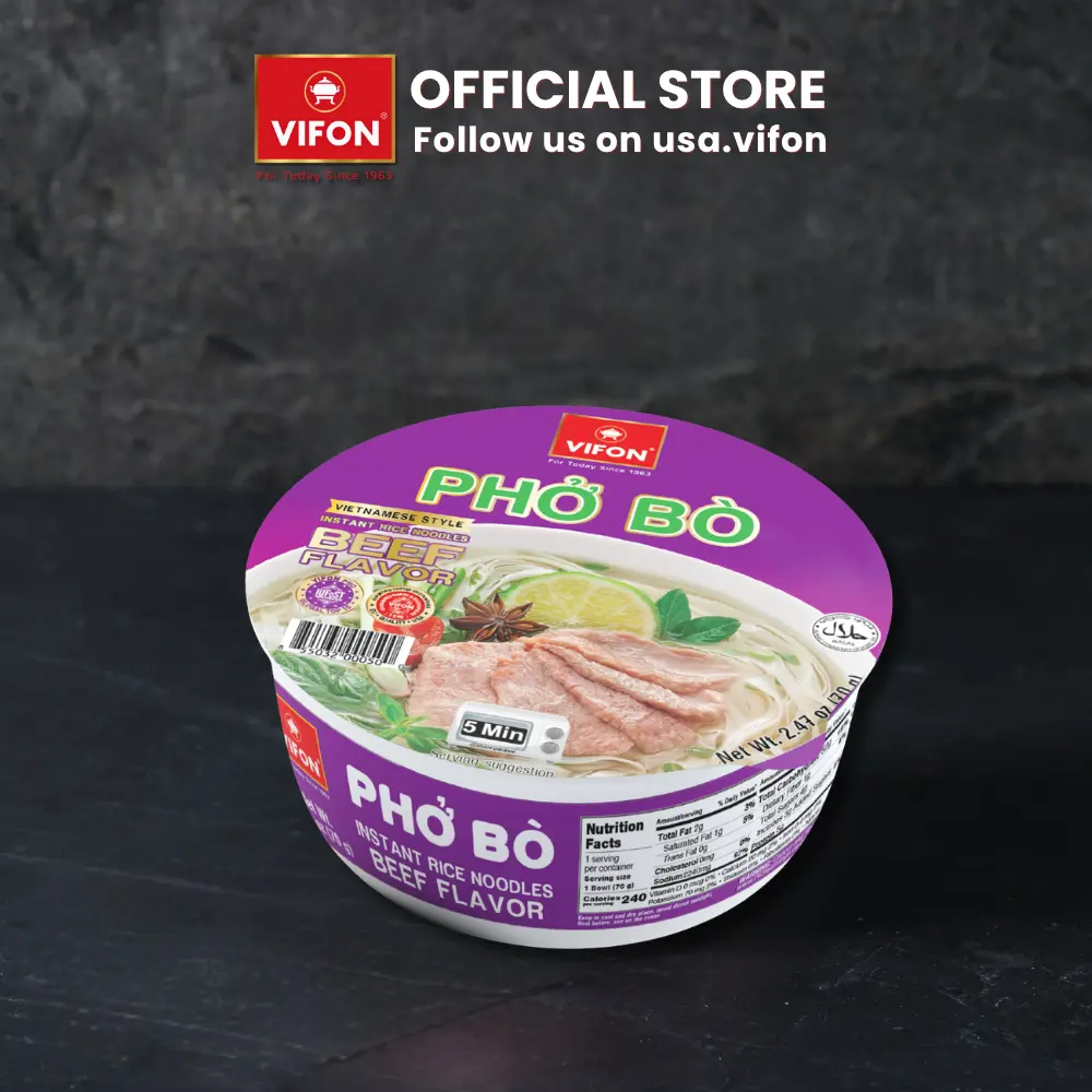 VIFON Instant Pho Bo Beef Flavor Rice Noodle Bowl, Asian Noodles, Instant Food (2.47 oz)