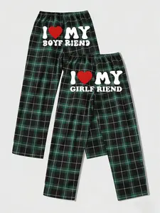 Couple Matching Plaid Pajama Pants, 'I ❤️ MY BOYFRIEND/GIRLFRIEND' Fitted Graphic Lounge Pants, Trendy Couple Clothes, Cozy Sleepwear for Couples, Valentine's Day Gift, Aesthetic Couple Loungewear