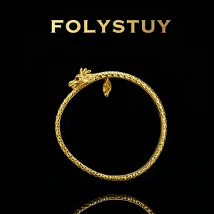 Vintage Gold Plated Dragon Bangle & Ring Set, Adjustable Open Cuff Dragon Bracelet with Red CZ, Chinese Mythical Dragon Jewelry Set for Women