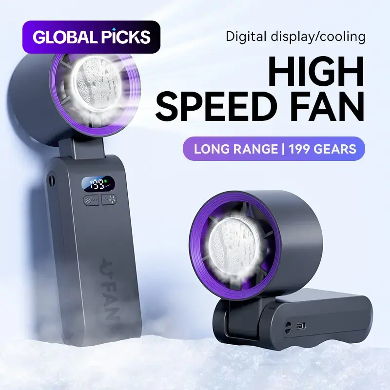 High-Speed Turbine Handheld Ice Cooling Fan with Digital Display, Foldable Portable Neck Fans Mini Fan Neck-Hanging Compact Personal Cooler, USB Rechargeable Cordless Wearable Fan for On-The-Go Use #GLOBAL PICKS