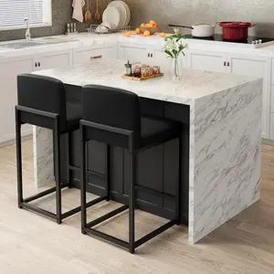 GAOMON Modern Bar Stools Set of 2, Upholstered Counter Height 24.8" Bar Stools, Faux Leather Counter Stools Bar Chairs with Back for Kitchen Island, Black