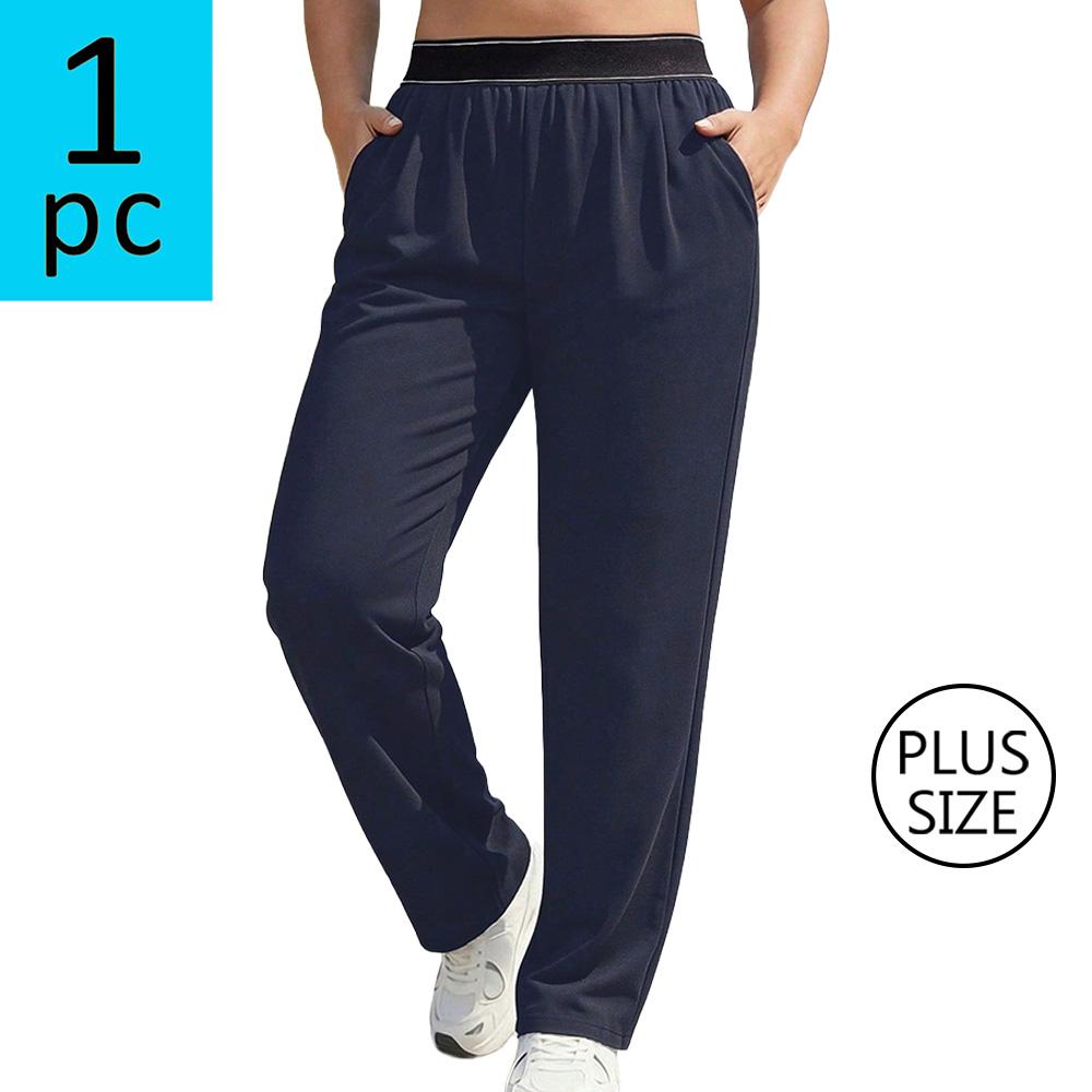 Plus-size women’s athletic casual pants with an elastic waistband and straight legs; solid color, versatile running/fitness/jogging pants; plus-size black straight-leg pants; medium stretch woven fabric; suitable for everyday wear and as a holiday gift.