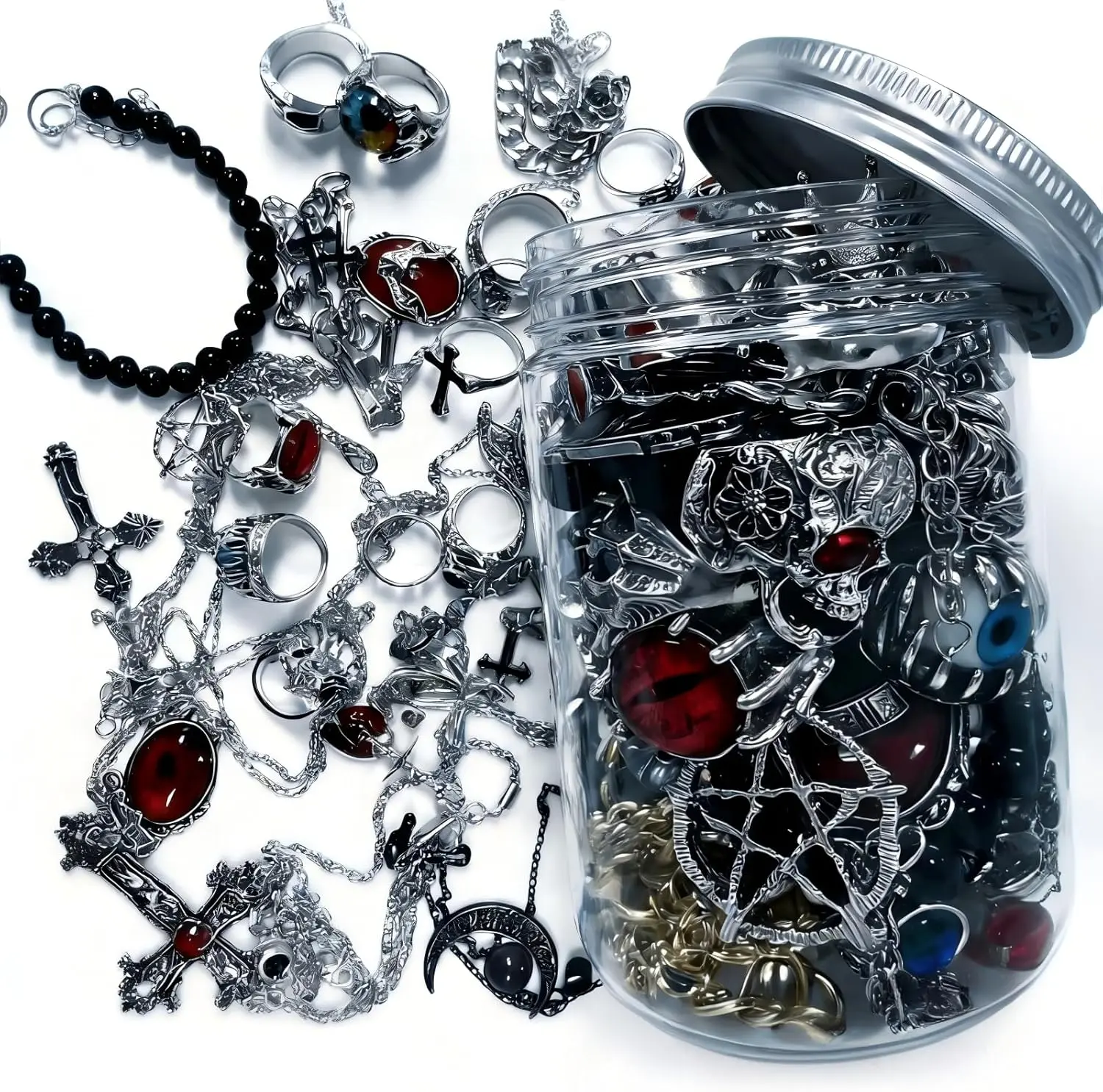 Mystery Jewelry Jar - 35 Pieces Gothic Surprise Jewelry Box Includes Necklaces, Earrings, Rings and Bracelets, Alternative Jewelry Set as Perfect Witchy Gifts for Women