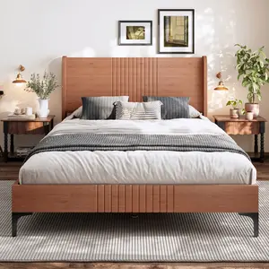 [Bellemave] Bamboo Platform Bed| Mid-Century Headboard| Round Corner Design| Sturdy Bed Frame| No Box Spring Needed