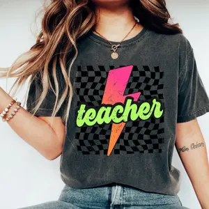 Neon Teacher Shirt, Retro Checkered Teacher Shirt, Lightning Bolt, New Teacher Gift, Back to School, Teacher Appreciation