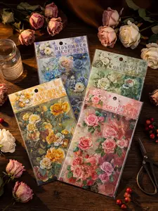 A SET FOR 4 PACKS Rose Blossom PET gold foil flower journal stickers–vintage, waterproof, transparent botanical decals for scrapbooking, DIY phone cases, cups, collage, and creative crafts. Self-adhesive