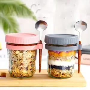 2pcs High-Quality Oatmeal Cups Tableware Utensils Transparent Glass with Lid Spoon Good Sealing Simple Multi-Color Options Breakfast Cup Cutlery Spoons Set