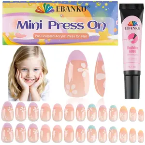 26 Pieces Press on Nails for Kids, EBANKU 1 Pack Kid Fake Nail Pink Flower Press on Nails for Girls 5-12 Years with Nail Glue