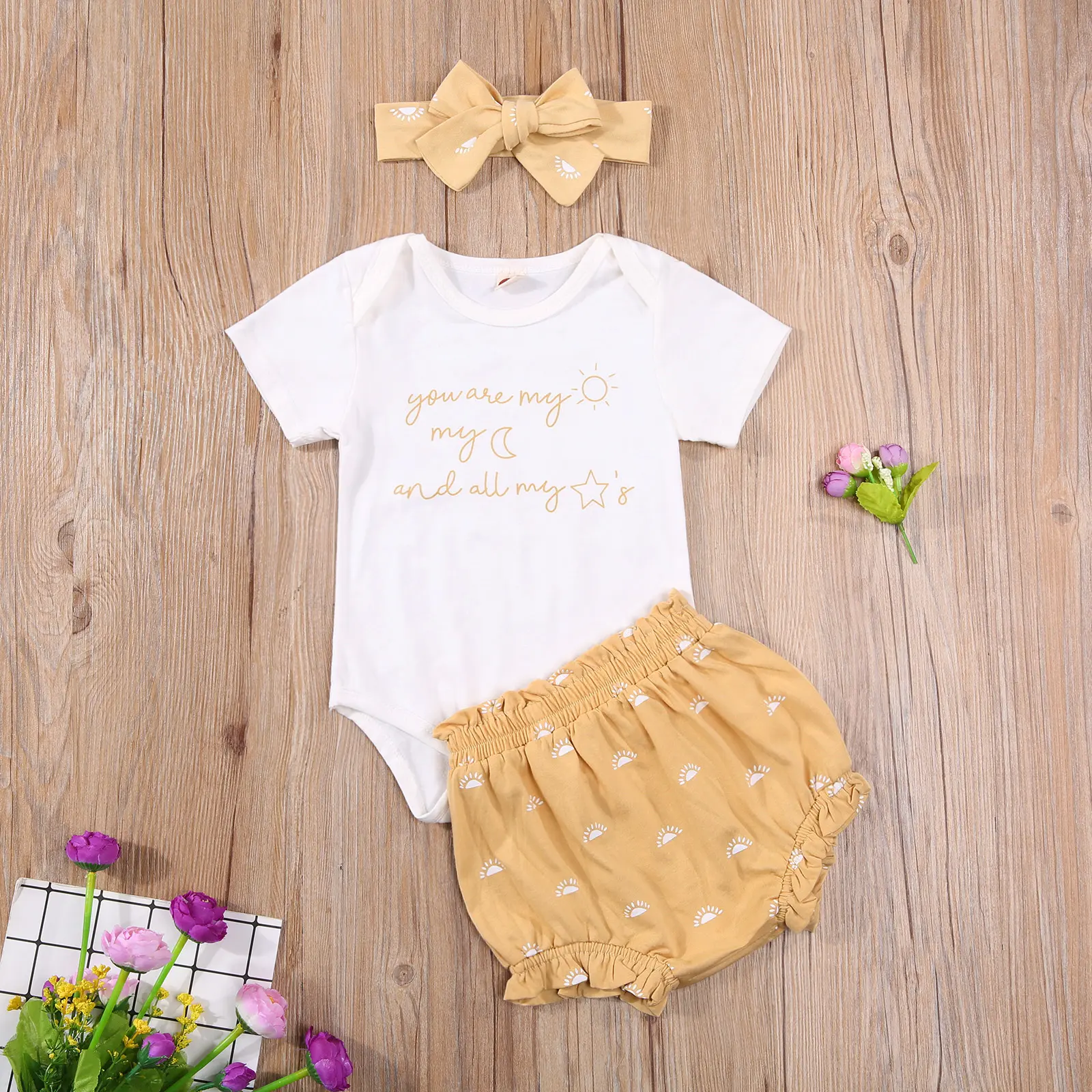 0-18M Baby Girls 3Pcs Summer Outfits, Short Sleeve Letter Print Romper + Bloomers + Headband Set
