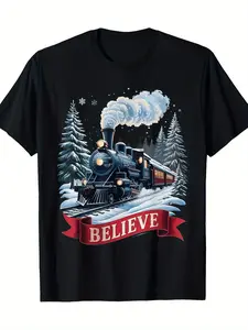 Unisex Polar Express Christmas T-Shirt - Cozy 100% Cotton Short-Sleeve, Festive Train & "Believe" Graphic, S-4XL for Family Holiday Gatherings Christmas Tree T-Shirt with Lights Christmas Tree Cake Holiday T-Shirt