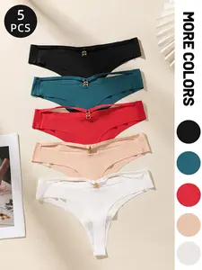 Women's Solid Color Basic Panties Y2K Style, Soft Breathable High Elasticity, Fitted Drop Waist Underwear, 5 Pack, All Seasons