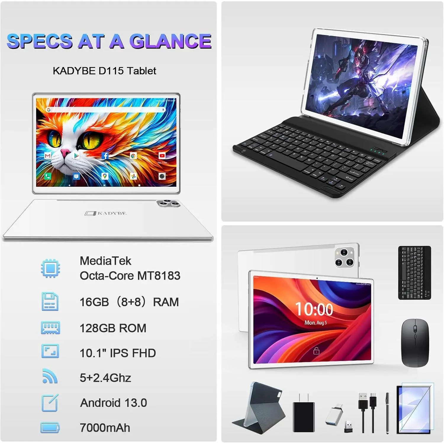 2026 Latest Portable Touchscreen Tablet Set - Android 13, 10.1 in FHD IPS Display, Octa-Core, 16GB RAM (8+8 Virtual), 128GB ROM (1TB TF Expandable), 13MP Camera, 2-In-1 with Keyboard & Mouse, 5+2.4GHz WiFi Dual-Band Tablet PC for All Ages