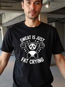 Men's Motivational Panda Gym T-Shirt - "Sweat Is Just Crying" Weightlifting Panda Design 100% Cotton 180gsm Heavyweight Crew Neck Workout Shirt Black with White Print All-Season Casual & Fitness Apparel for Men Mens Tshirt Mens Graphic Tees Funny Tshirts