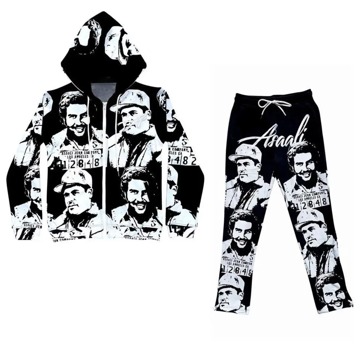 Asaa.li Mugshot Graphic Tracksuit Set, Streetwear Zip Hoodie and Jogger Pants, Urban Fashion Outfit