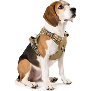 Dog Harness Medium Sized, No Pull Pet Harness with Neck Lockable Snap,No Choke Front Clip Dog Reflective Vest,Adjtable Metal Rings 3 Buckles,Easy Control Handle for Medium Dogs Khaki