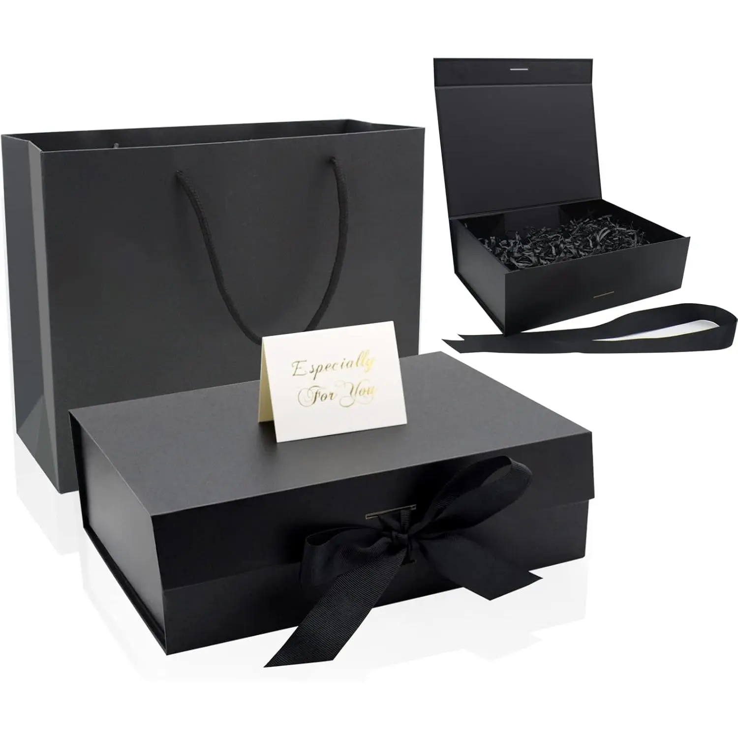 Black  Box with Lids, Large Ribbon Luxury  Packaging Box with Paper Bags, 2 Greeting Card and Shredded Paper Filler for Christmas Wedding Men Women Birthday Presents