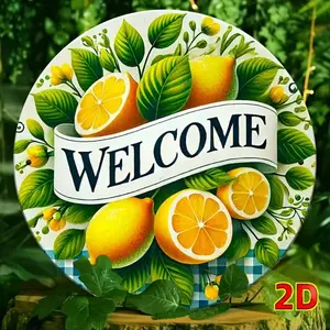 Aluminum Welcome Sign with Lemon and Autumn Leaves Design 8x8 Inch Waterproof Wall Art Mount for Cozy Home or Cafe Decor Wall Decor Plaque