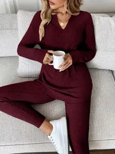 Spring & Fall New Women's Plus Size Fashion Casual Set, V-Neck Top + Simple Stylish Long Pants, Home Wear, Trendy Minimalist Style, Loungewear