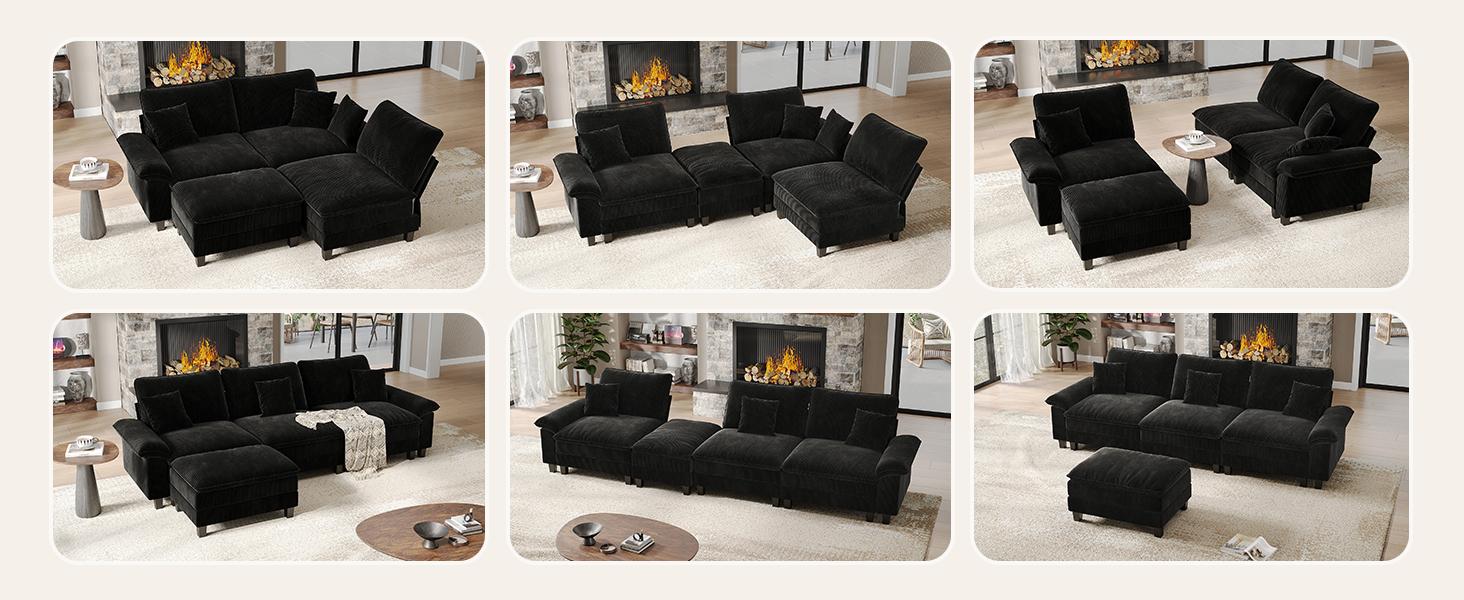 [3 Packages Shipping] 123'' Cloud Modular Couch Sofa, Oversized 3 Seat Comfy Sofa For Living Room, Sectional Couches With Ottoman, Detachable Seat Cushion & Backrest Cover, Chenille Fabric Beige