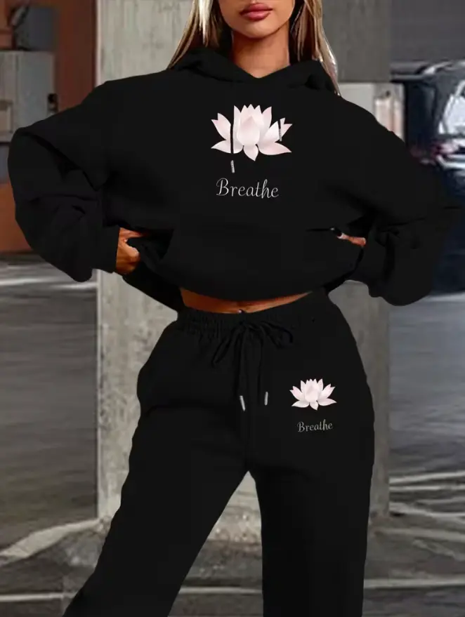 Breathes Black Hoodie and Sweatpants Set with Lotus Design for Women