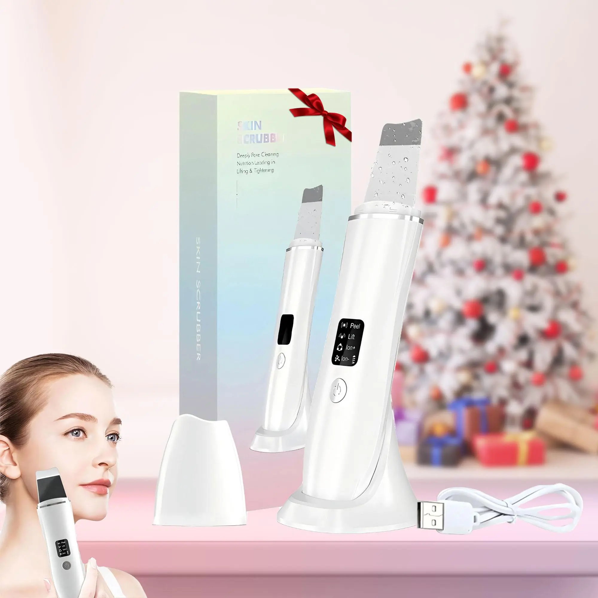 Ultrasonic Skin Scrubber, Blackhead Peeling Machine, Oil Pore Cleanser, Facial Skin Care Machine with Base, Gift for Women and Men, Facial Care Instrument