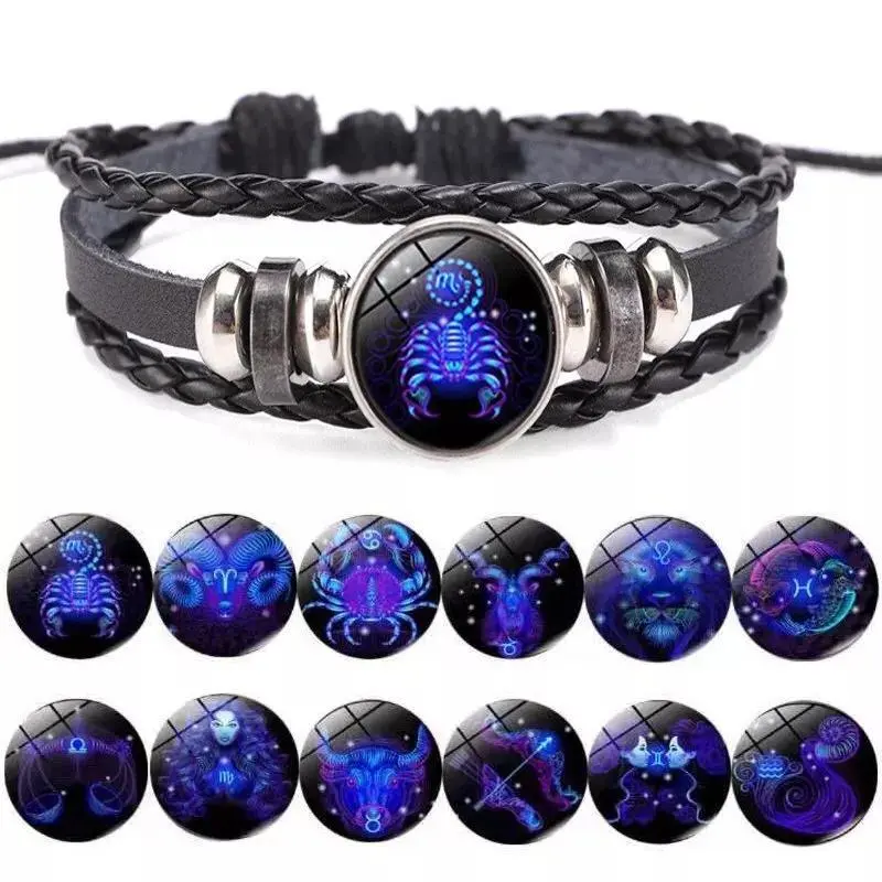Luminous 12 Zodiac Constellation Sign Braided Couples Leather Bracelet For men Black Rope Charm Party Grow in the dark Jewelry Luminous 12 Zodiac Constellation Sign Braided Couples Leather Bracelet For men Black Rope Charm Party Grow in the dark Jewelry