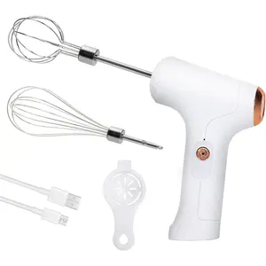 Cordless Hand Mixer, Handheld Electric Whisk with 3 Speed Modes, Hand Held Egg Beater with 2 Detachable Stir Whisks (White)