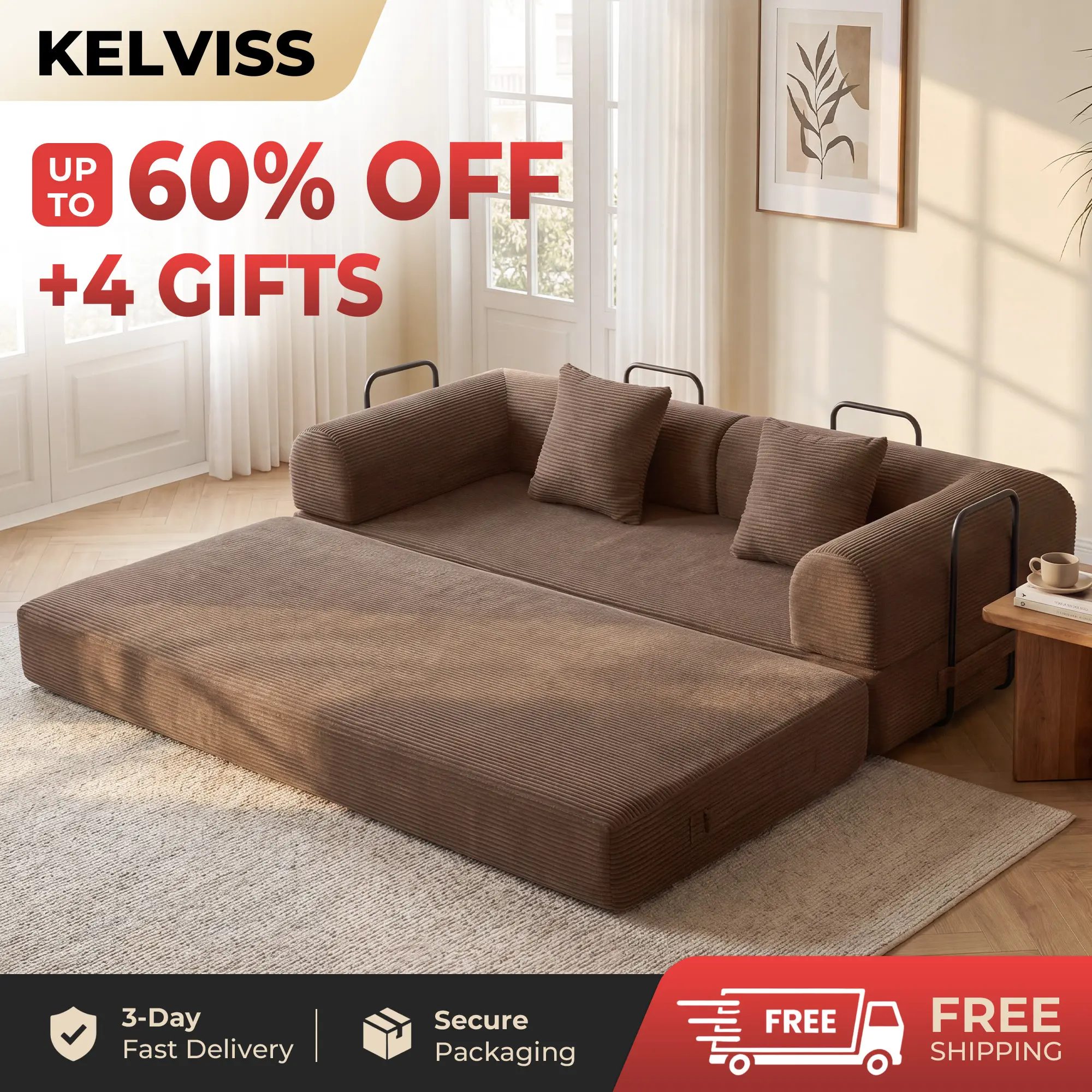 KELVISS 79-in Convertible Cloud Futon Sofa Bed - All-Color Collection, Replaceable Corduroy Covers, 5-in-1 Boneless Floor Couch, 2 Headrest Pillows, Memory Sponge Support, Easy Setup Comfy Modern Small Space Living Room Furniture