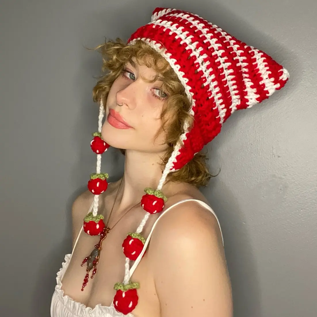 triple berry string cat hat crocheted striped beanie strawberry pompoms handmade fashion accessories