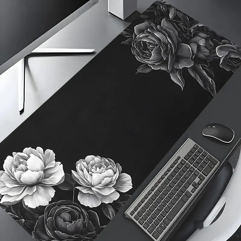 Black and White Vintage Floral Rose Gaming Mouse Pad, Desktop Drotection Pad, Washable Rubber Pad Non-slip Lock Edge Multi-size, Suitable for Home Office, Desk Accessories, Computer Accessories For Desk, Gift for Family and Friends, Desk Decor