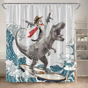 1Pc Fun Cat and Dinosaur Shower Curtain Creative Humor Design Polyester Fabric Bath Hanging Curtain Bathroom Decor 70.8x70.8 Inch with Hooks for Unique Home Style