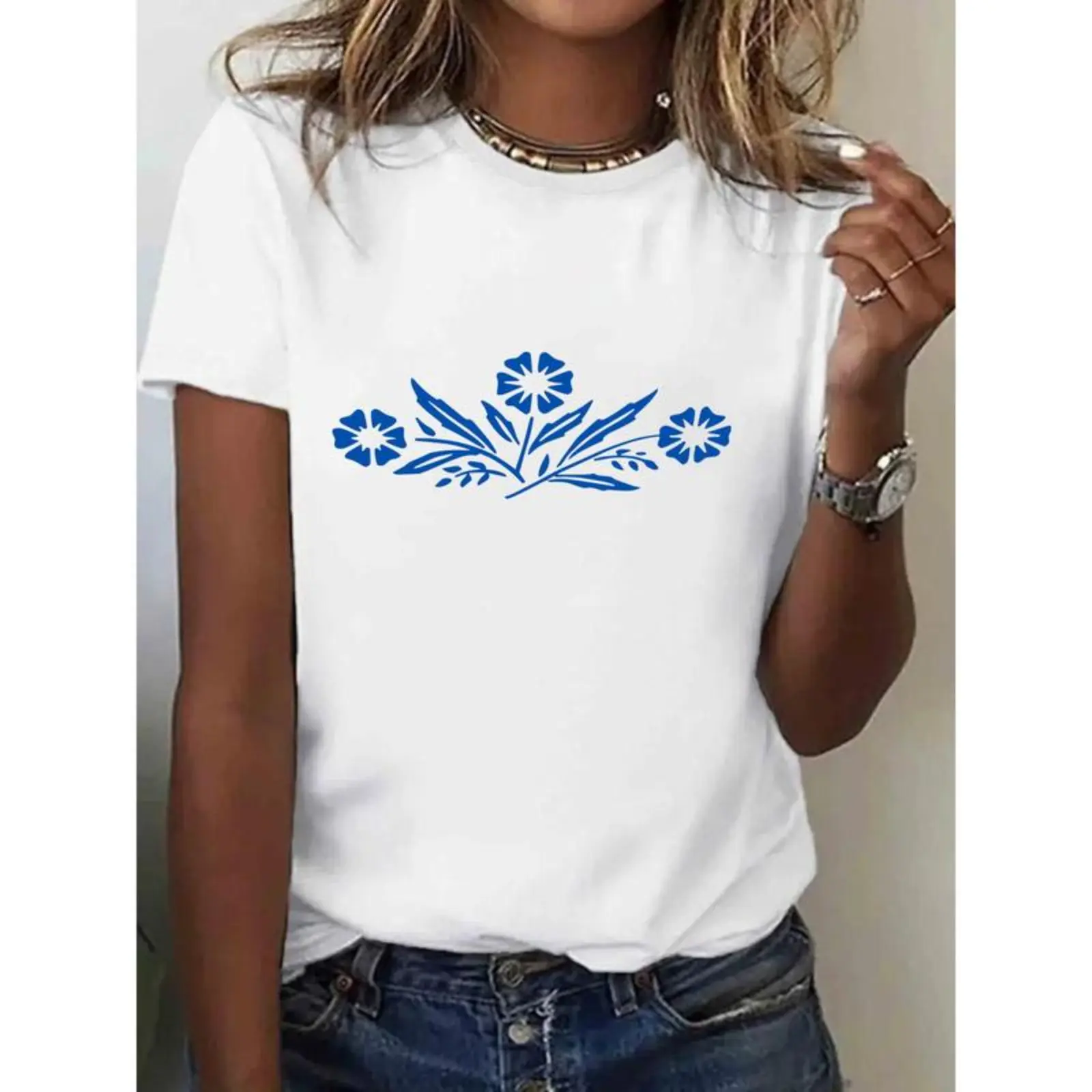 1 piece, 100% Cotton, Floral Pattern Printed T-Shirt Spring Summer Round Neck Short Sleeve Women's T-Shirt, Breathable Casual Sports Top, Holiday Gift