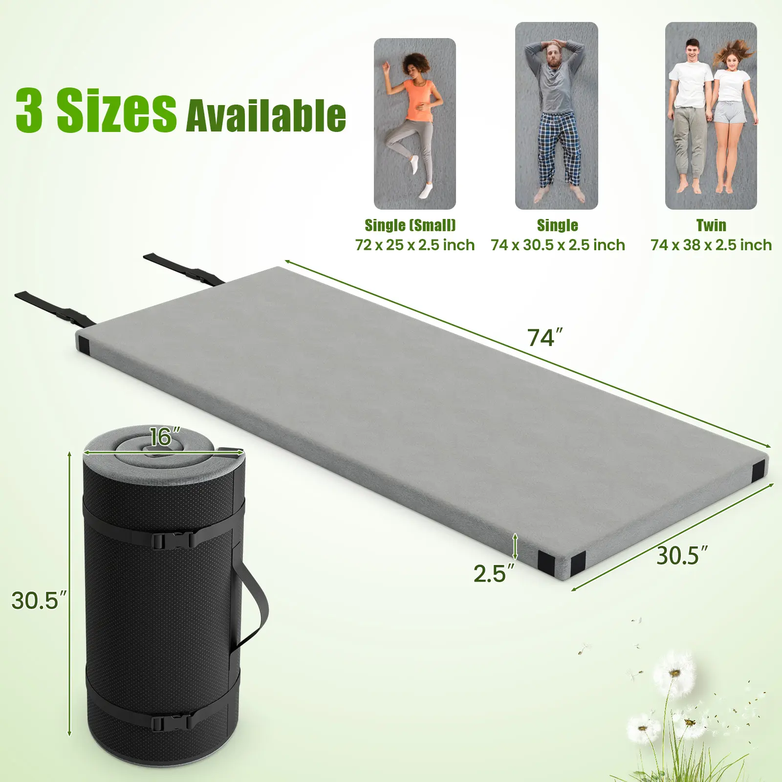 COSTWAY - Foldable Camping Mattress with High density foam Cushion and Anti-slip Bottom-Gray