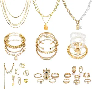 Women's 9-Pieces 14 Karat Gold Plated Minimalist Jewelry Set - Multi-Layered Necklaces, Stackable Bangle Bracelets, Knuckle Rings, Charm Hoop Earrings - Elegant Trendy Anniversary, Birthday Gift