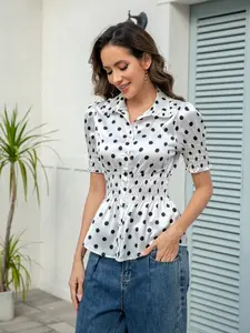 Women's Vintage Puff Sleeve Blouse – Smocked Waist Slim Fit Top, Polka Dot & Gingham Button Down Shirt for Spring Summer