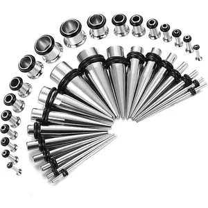 28PC Ear Stretching Kit - Beginner Gauges 12G-0G Starter Set Surgical Steel Tapers Single Flare Plugs Tunnels Women Eyelet Mens Earrings Expander Piercing Jewelry
