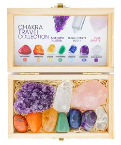 Chakra Balancing Crystal Set for Travel | 10 Healing Stones + Engraved Wooden Display Box