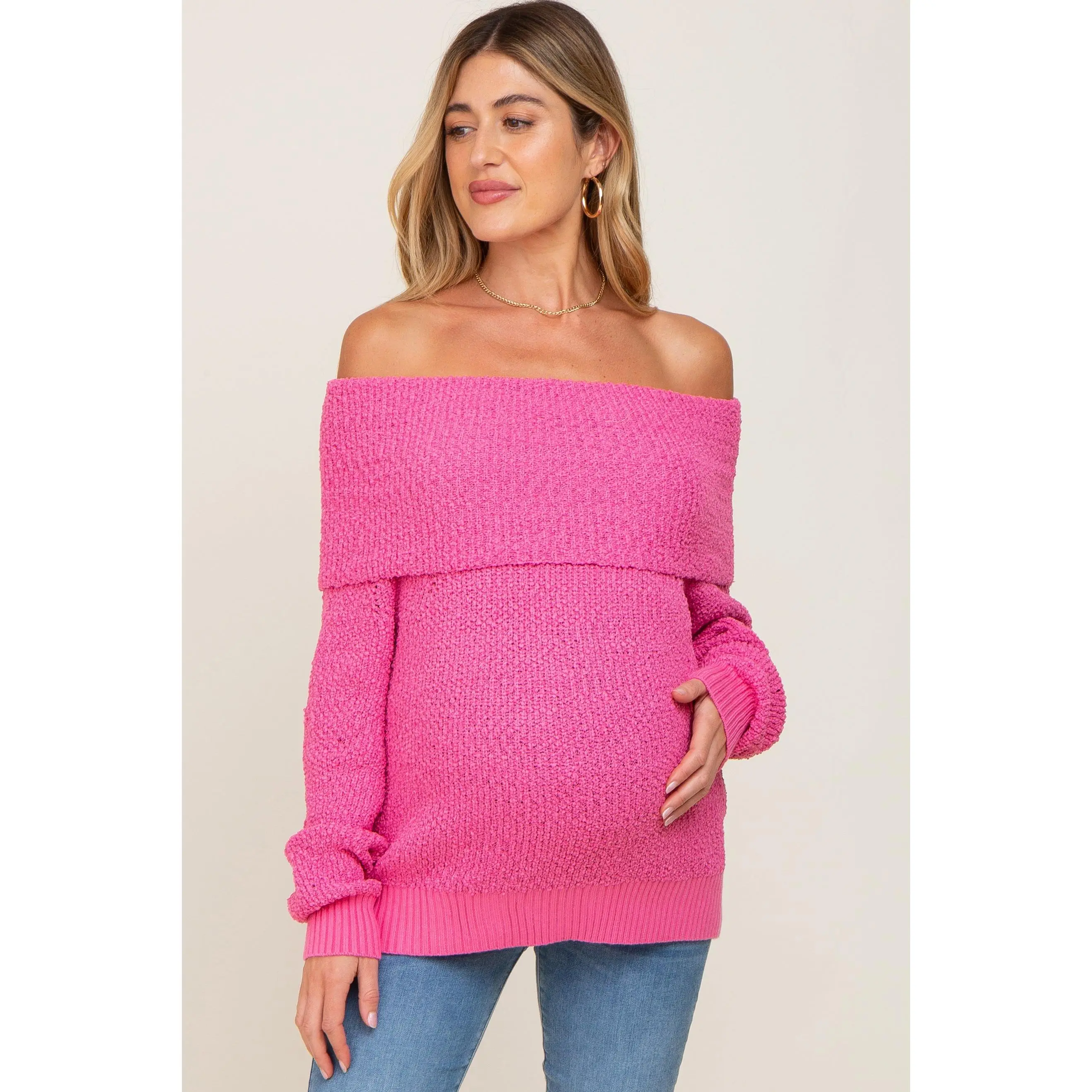 Women's Fuchsia Foldover Off-Shoulder Chunky Knit Plain Casual Final Sale Maternity Top