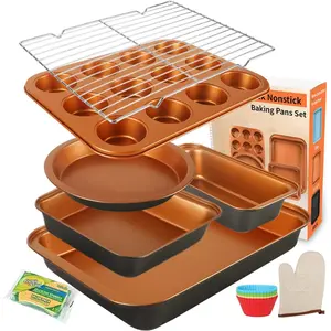 Baking Pans Set 6-Pieces, Non Stick Bakeware Set Stackable, with Cookie Sheet, Muffin, Round/Square Cake Pan, Loaf Pan, Rack, Oven Mitt for  Baker,