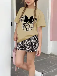 Girls' Summer Fashion Leopard Print Mickey Mouse Pattern Shirt & Comfortable Leopard Shorts Set, Casual College Style, Unisex Kids Clothing Gift