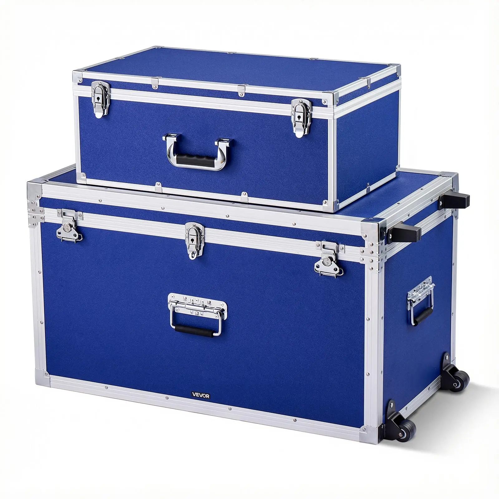 【Summerfinds】VEVOR Metal Storage Trunk Set of 2, Wooden Suitcase Organizer Storage Boxes with Padlocks, High-Capacity Large Trunk with Casters, 3 Metal Handles & Lids, Decorative Chest for Apartment & Dorm, Blue, High-Capacity Storage Boxes