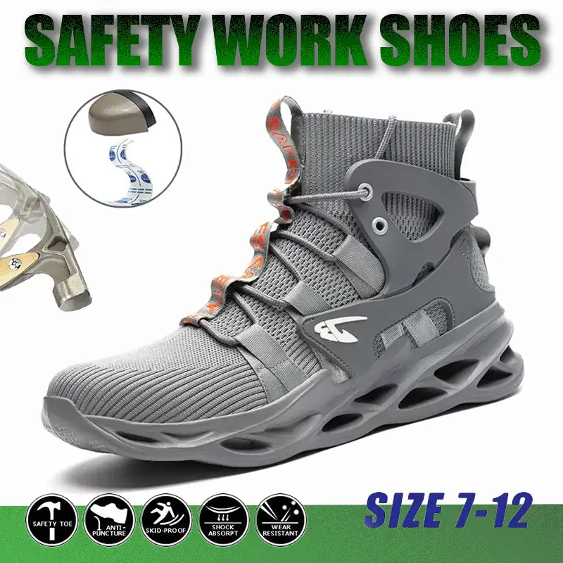 Men's Chic High-Top Steel Toe Work Shoes with Metatarsal Guard, Breathable Lace-Up Fabric Labor Protection Footwear for Outdoor Walking, Round Toe