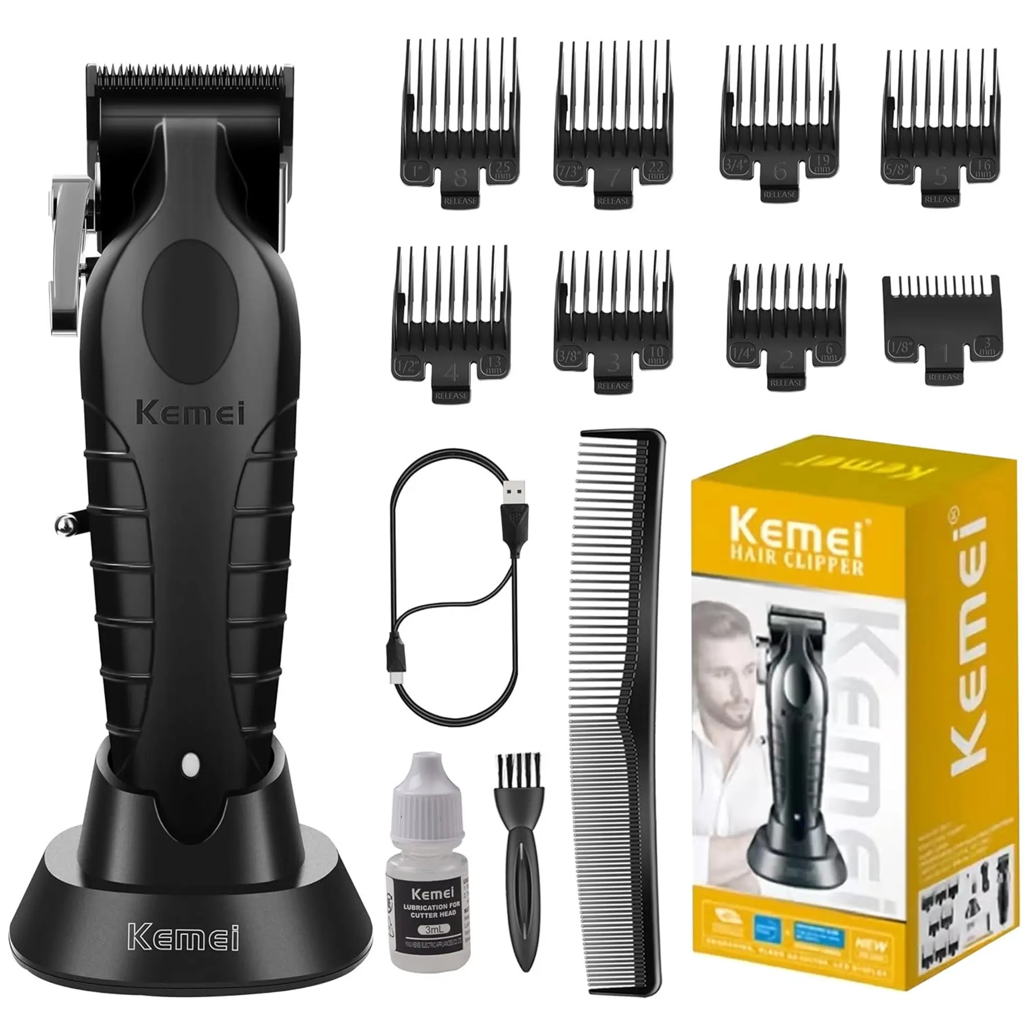 KEMEI 2296 Professional Stainless Steel T-Blade Hair Clippers for Men, Cordless-Corded Kit with Charging Stand & Storage Plug, Adjustable 2500mAh 350Min Low Noise USB Rechargeable Barber Trimmer, Lightweight