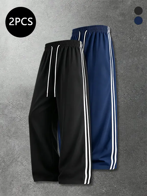 Men’s summer baggy wide-leg sweatpants, trendy high-street style for summer, versatile for gym workouts and running, straight-leg striped casual pants for men