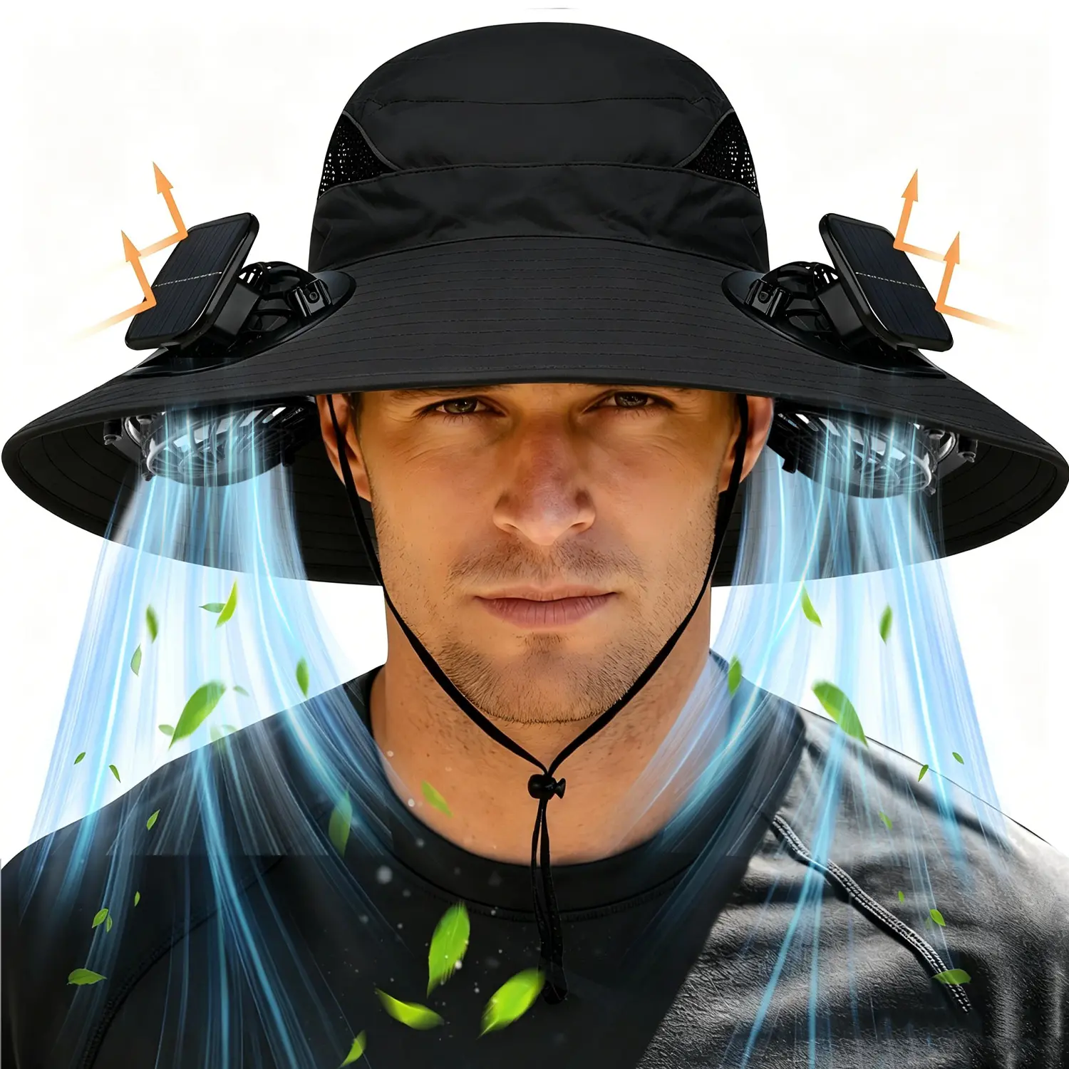 Wide Brim Solar Cooling Bucket Hat with 3 Solar Fans - Water Resistant Fabric, Breathable Top Mesh, Adjustable Drawcord for Custom Fit, Anti-Slip Chin Strap, Sun Shield - for Hiking, Outdoor Activities