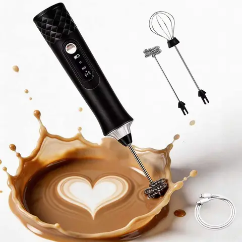 Black Cordless Upgraded USB-Charge Handheld Electric Milk Frother - Dual-Spring Whisk, 3 Speeds, 2 Whisks, Storage Stand, Versatile Hand Egg Mixer for Lattes, Matcha, Home Chefs