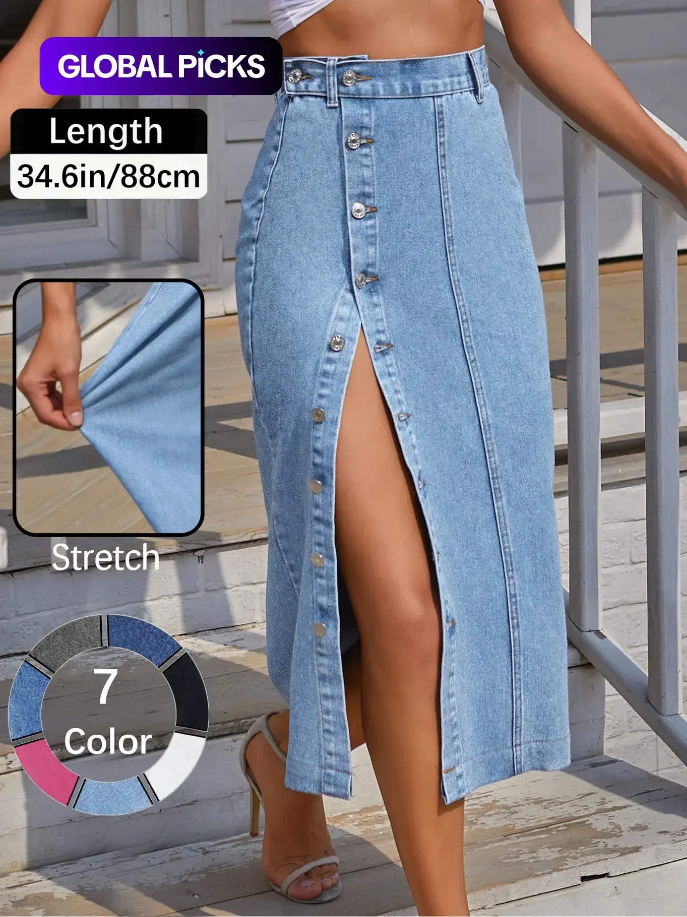 OBlue Jeans Women's  Button Front Light Wash Denim Split Hem Skirt, Casual Fashion Fitted Skirt for Daily Wear, Ladies Bottoms for All Seasons, Button Fly Skirt, T-Chic