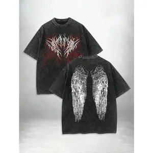 Angel Wings Graphic Washed T Shirt Mens Vintage Acid Wash Oversized Streetwear Tee Drop Shoulder Heavyweight Cotton Soft Faded Black