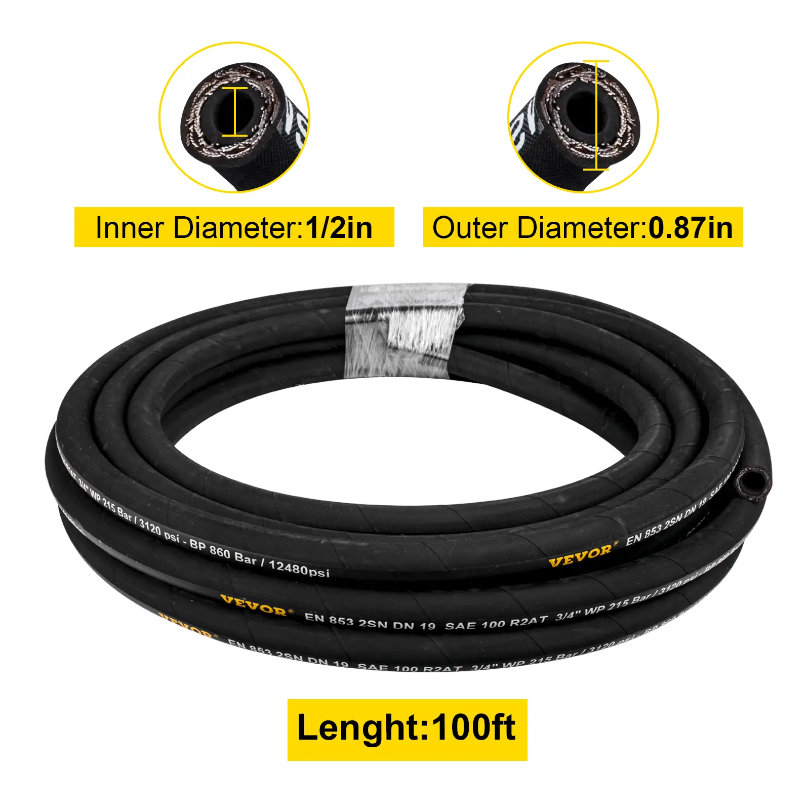 【summerfinds】VEVOR Hydraulic Hose 1/2 inch x 100 ft, Coiled Hydraulic Hose 4000 PSI, Rubber Hydraulic Hose with 2 High-Tensile Steel Wire Braid, Bulk Hydraulic Hose -20℃ to 140℃, Hydraulic Oil Flexible Hose