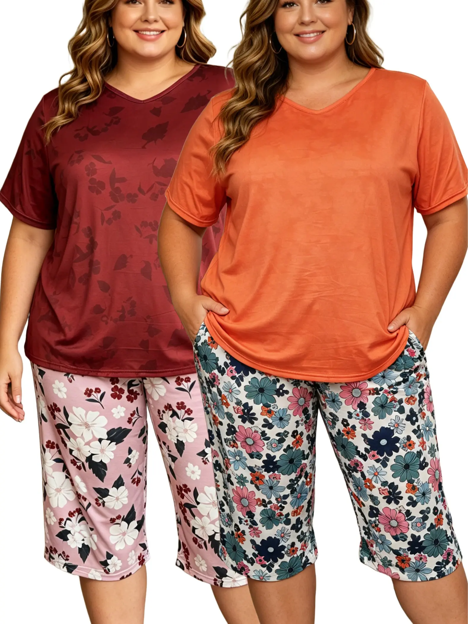 Women's 2-Piece Soft Loungewear Set - Fabric-Focused Comfortable Sleepwear with Pocket, Casual Home Wear, Plus Size 1XL-5XL Fit, Womenswear Pajamas Curvy Cute Floral